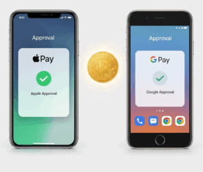 Bitcoin payment concept showing Apple Pay and Google Pay approvals on smartphones, highlighting mobile payment integration for buying Bitcoin.