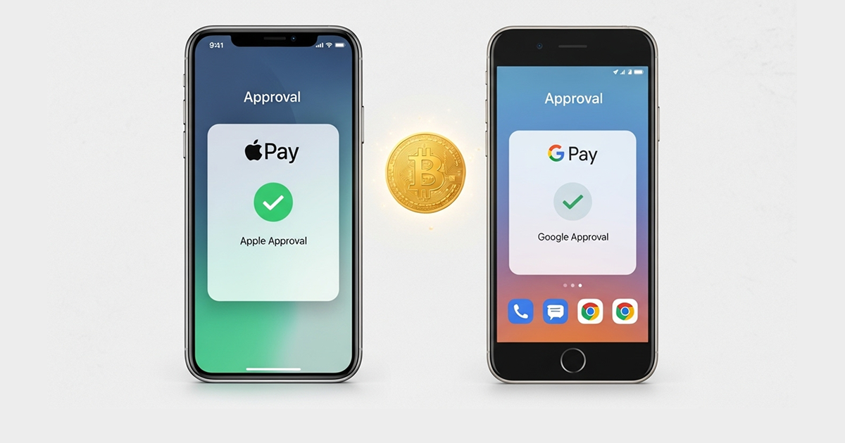 Bitcoin payment concept showing Apple Pay and Google Pay approvals on smartphones, highlighting mobile payment integration for buying Bitcoin.