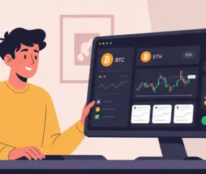 A trader using a desktop platform to monitor Bitcoin and Ethereum price charts and activate automated trading bots with strategy presets.