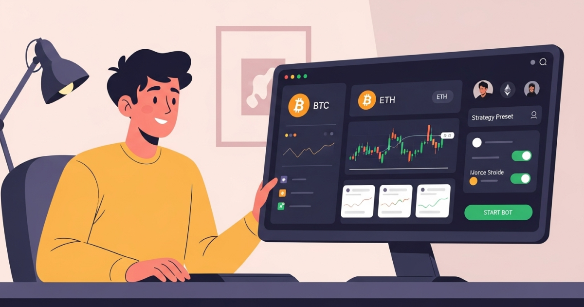 A trader using a desktop platform to monitor Bitcoin and Ethereum price charts and activate automated trading bots with strategy presets.