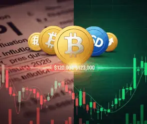 Bitcoin price volatility amid U.S. CPI data, showing $120,000–$123,000 resistance zone with bullish and bearish trends.