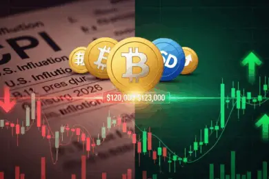 Bitcoin price volatility amid U.S. CPI data, showing $120,000–$123,000 resistance zone with bullish and bearish trends.