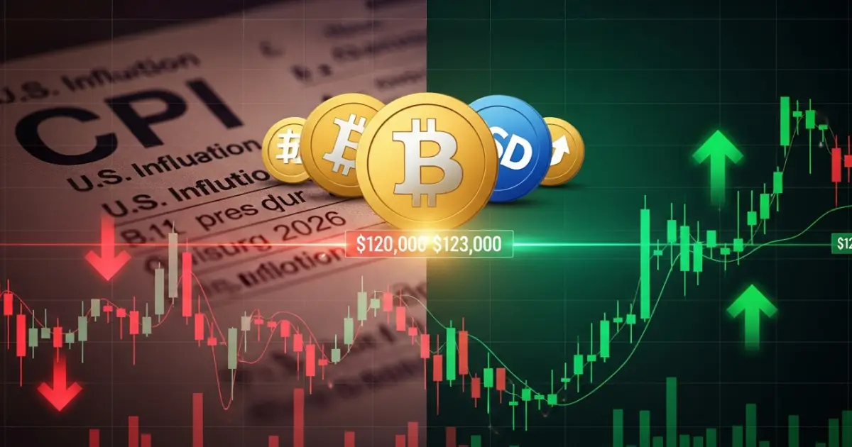 Bitcoin price volatility amid U.S. CPI data, showing $120,000–$123,000 resistance zone with bullish and bearish trends.