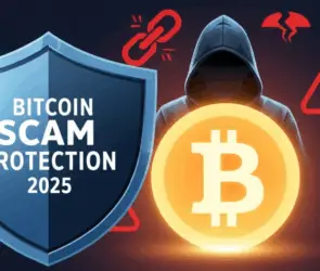 Bitcoin scam protection 2025 concept with shield, hooded hacker, and cryptocurrency security icons.