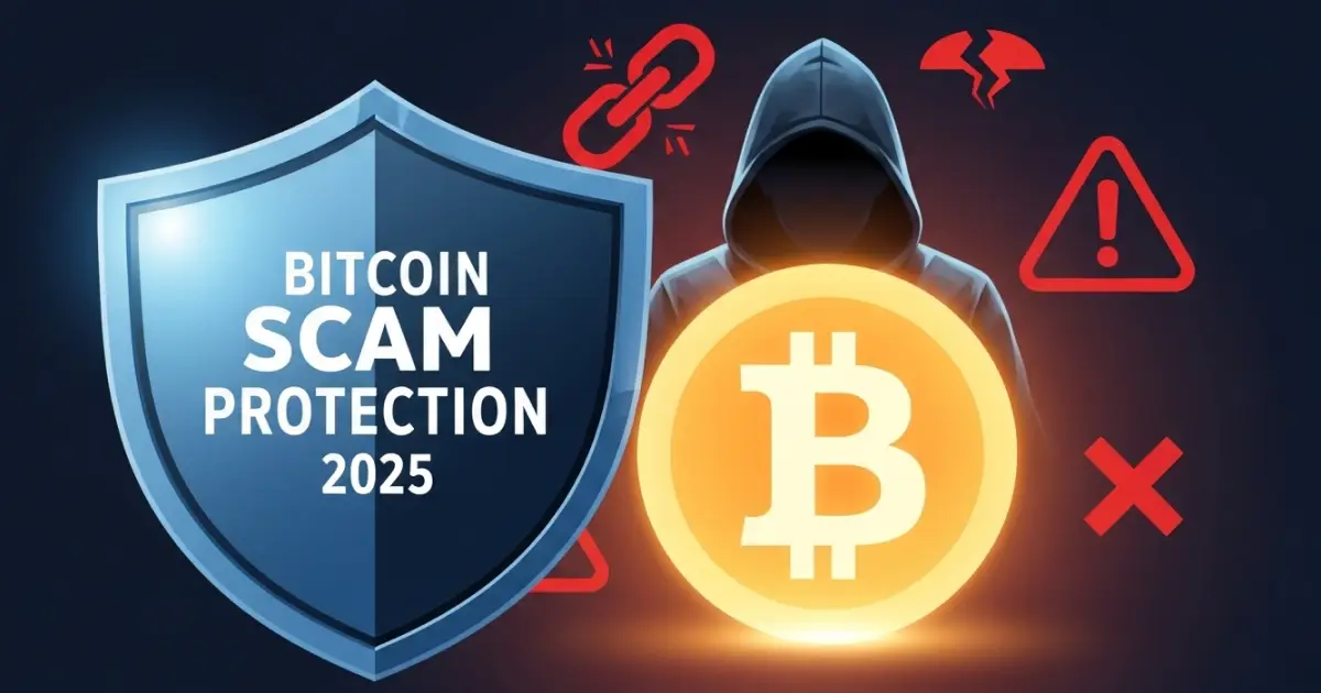 Bitcoin scam protection 2025 concept with shield, hooded hacker, and cryptocurrency security icons.