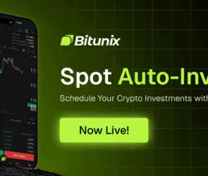 Bitunix Spot Auto-Invest feature displayed on a smartphone with Bitcoin chart, promoting automated crypto investment scheduling