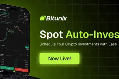 Bitunix Spot Auto-Invest feature displayed on a smartphone with Bitcoin chart, promoting automated crypto investment scheduling