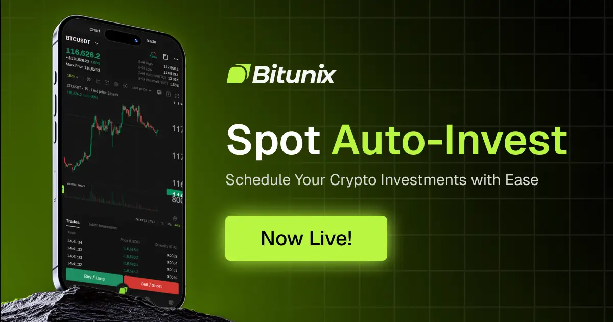 Bitunix Spot Auto-Invest feature displayed on a smartphone with Bitcoin chart, promoting automated crypto investment scheduling
