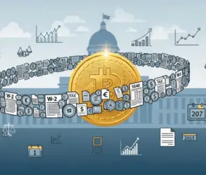 Illustration of Bitcoin taxation in 2025, showing a large gold Bitcoin coin surrounded by tax documents, charts, currency symbols, and legal icons against a government building backdrop.