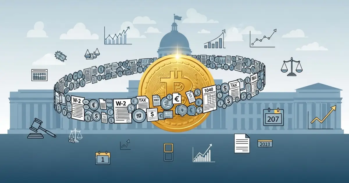 Illustration of Bitcoin taxation in 2025, showing a large gold Bitcoin coin surrounded by tax documents, charts, currency symbols, and legal icons against a government building backdrop.
