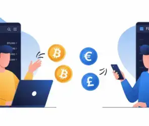 Bitunix Two people exchange bitcoin and traditional currency symbols (Euro, Pound) using laptops and smartphones, with financial graphs displayed on screens in the background.