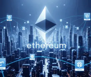 Ethereum blockchain powering decentralized applications, DeFi, and smart contracts across a digital city network.