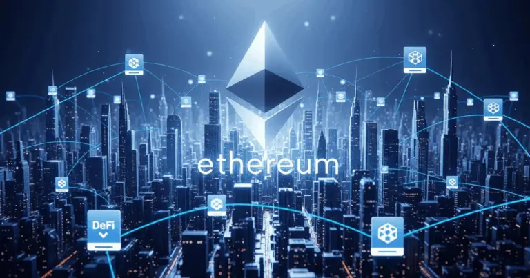Ethereum blockchain powering decentralized applications, DeFi, and smart contracts across a digital city network.