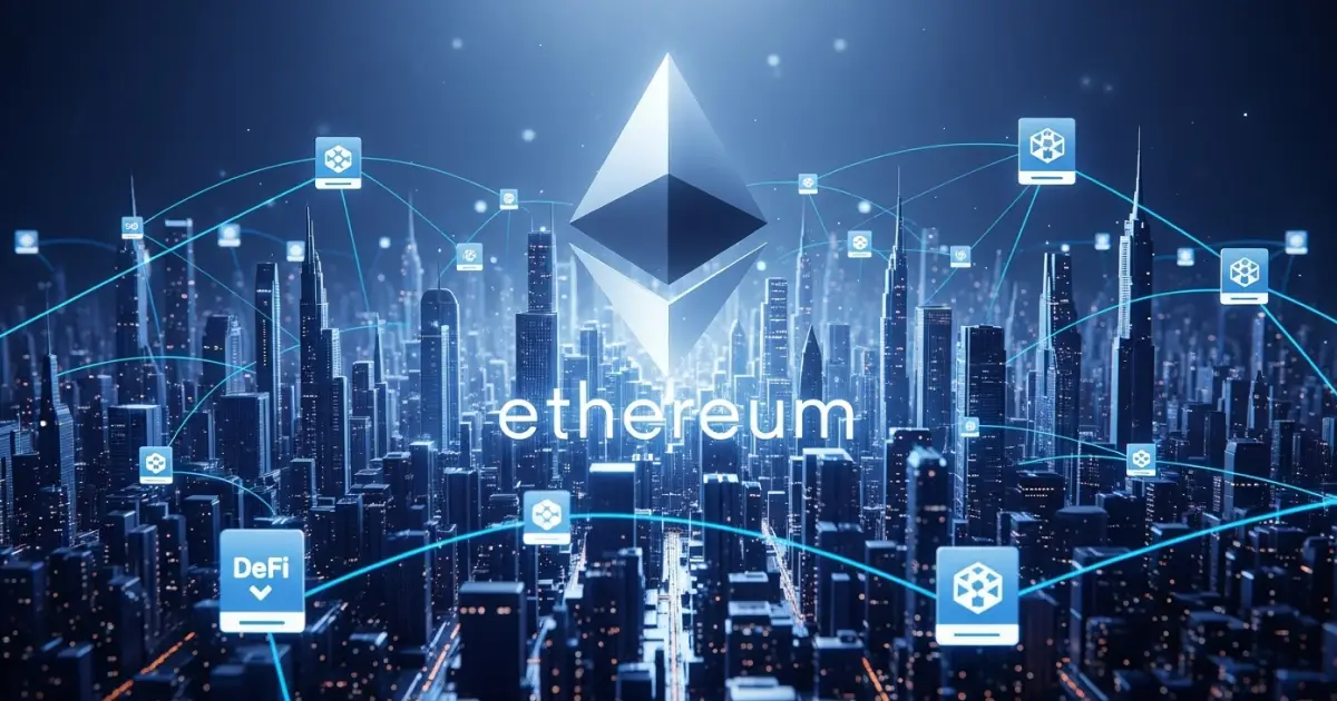 Ethereum blockchain powering decentralized applications, DeFi, and smart contracts across a digital city network.