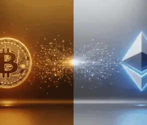 Ethereum vs Bitcoin digital illustration showing blockchain technology connection