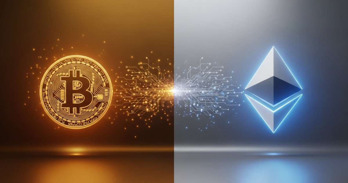 Ethereum vs Bitcoin digital illustration showing blockchain technology connection