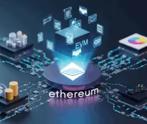Ethereum Virtual Machine (EVM) concept illustration showing blockchain applications like finance, gaming, and digital assets powered by Ethereum.