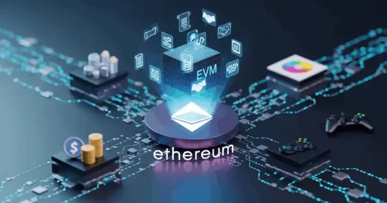 Ethereum Virtual Machine (EVM) concept illustration showing blockchain applications like finance, gaming, and digital assets powered by Ethereum.