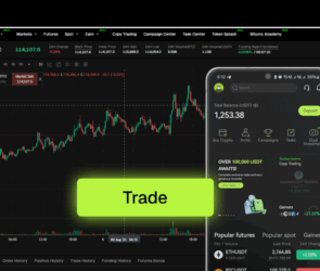 Bitunix crypto trading interface with live BTCUSDT chart and mobile trading app interface.