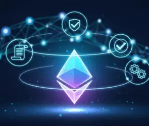 Ethereum smart contracts concept with blockchain security, automation, and decentralized applications icons