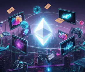 Ethereum blockchain powering NFTs, gaming, virtual assets, and digital economy in a futuristic cityscape
