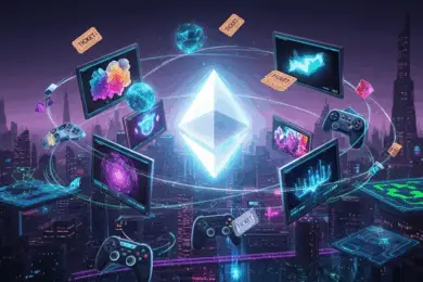 Ethereum blockchain powering NFTs, gaming, virtual assets, and digital economy in a futuristic cityscape