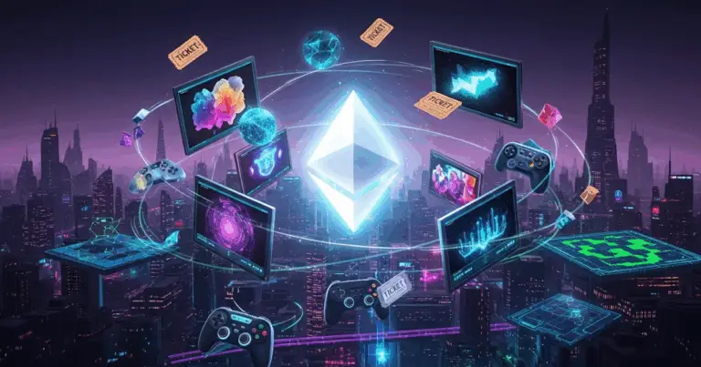 Ethereum blockchain powering NFTs, gaming, virtual assets, and digital economy in a futuristic cityscape