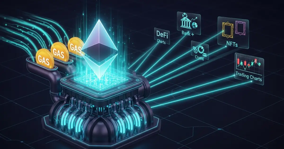 Ethereum gas fees powering blockchain transactions including DeFi, NFTs, and trading