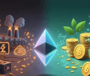 Ethereum transition from Proof of Work to Proof of Stake showing energy-heavy mining vs eco-friendly staking with validators and green growth.