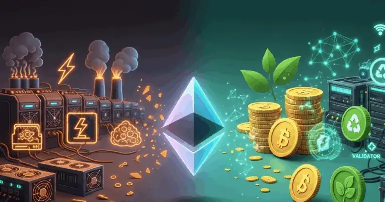 Ethereum transition from Proof of Work to Proof of Stake showing energy-heavy mining vs eco-friendly staking with validators and green growth.