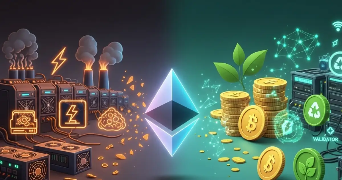 Ethereum transition from Proof of Work to Proof of Stake showing energy-heavy mining vs eco-friendly staking with validators and green growth.