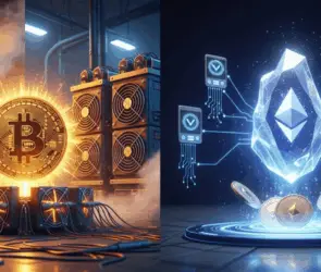 Bitcoin mining with Proof of Work contrasted against Ethereum staking with Proof of Stake, showcasing the difference between Bitcoin security and Ethereum scalability.