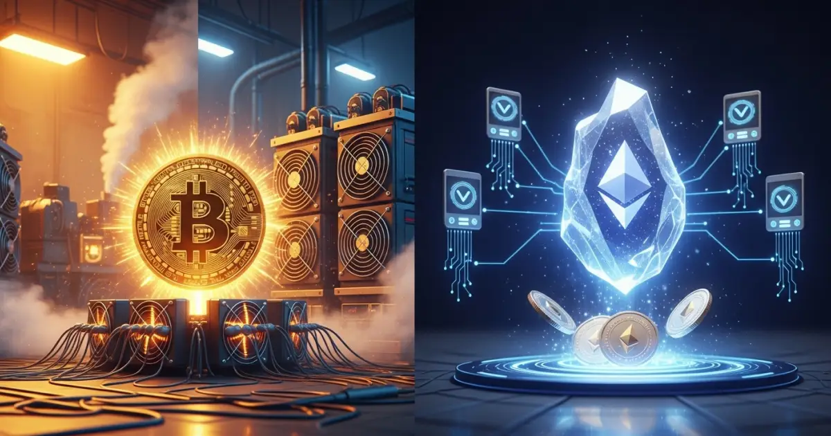 Bitcoin mining with Proof of Work contrasted against Ethereum staking with Proof of Stake, showcasing the difference between Bitcoin security and Ethereum scalability.