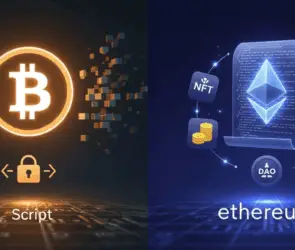 Bitcoin Script vs Ethereum Smart Contracts — blockchain comparison showing Bitcoin’s security-focused scripting and Ethereum’s programmable ecosystem with NFTs, DAOs, and DeFi.