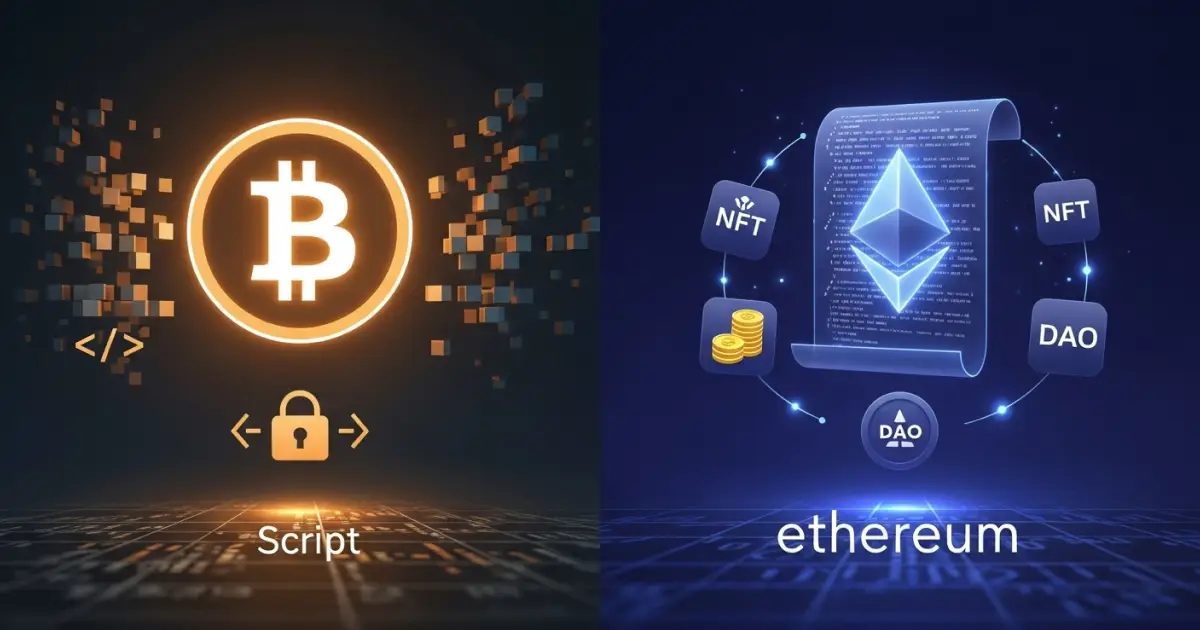 Bitcoin Script vs Ethereum Smart Contracts — blockchain comparison showing Bitcoin’s security-focused scripting and Ethereum’s programmable ecosystem with NFTs, DAOs, and DeFi.