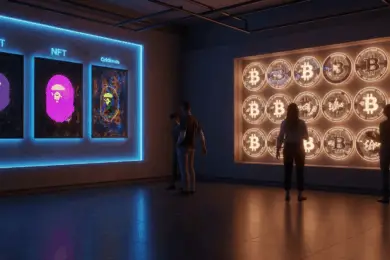 Gallery showcasing Ethereum NFTs alongside Bitcoin Ordinals digital art, highlighting the evolution of blockchain collectibles.