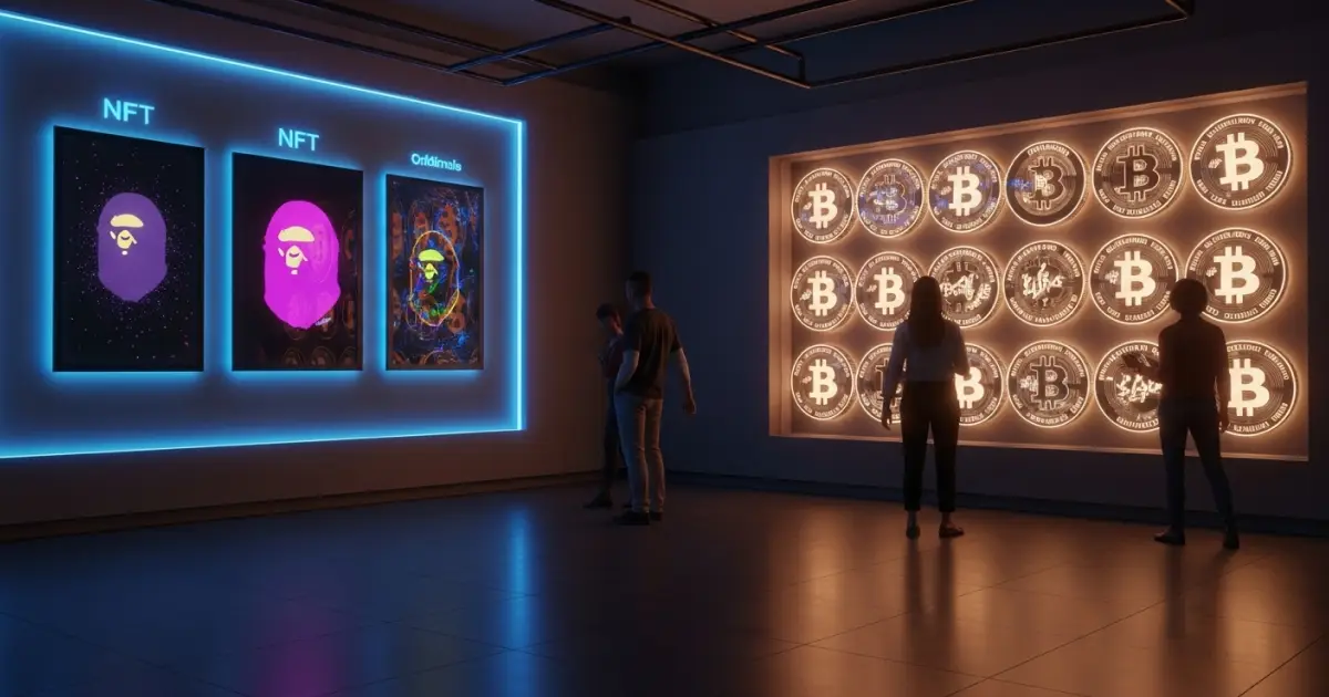 Gallery showcasing Ethereum NFTs alongside Bitcoin Ordinals digital art, highlighting the evolution of blockchain collectibles.