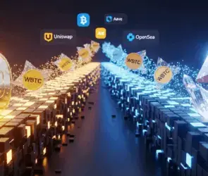 Bitcoin bridging to Ethereum with Wrapped BTC (WBTC) flowing into DeFi apps like Uniswap, Aave, and OpenSea.