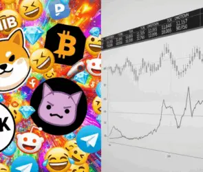 Split-screen image illustrating the contrast between meme coins like SHIB and BONK, and technical financial charts representing ETF performance — highlighting the difference between hype-driven assets and strategic spot trading.
