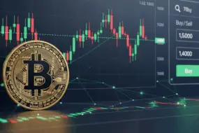 Bitunix A golden Bitcoin coin is displayed in front of a digital trading chart with green and red candlesticks, price points, and buy/sell options on a computer screen.