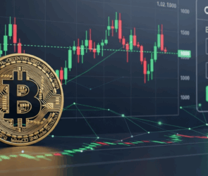 Bitcoin token in front of trading candlestick chart and buy-sell interface