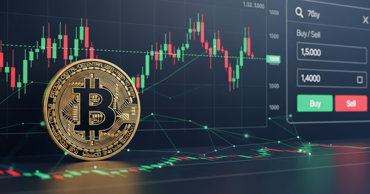 Bitcoin token in front of trading candlestick chart and buy-sell interface