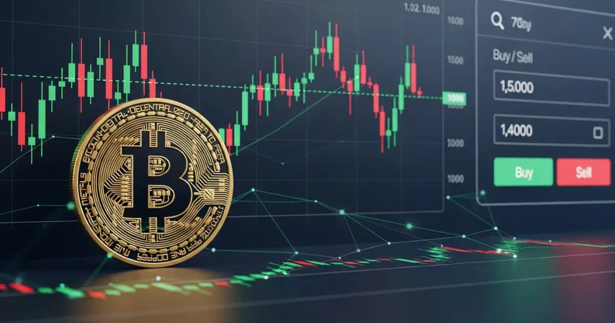 Bitcoin token in front of trading candlestick chart and buy-sell interface