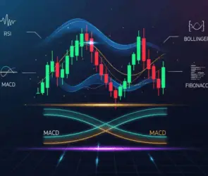 Crypto trading chart showing RSI, MACD, Bollinger Bands, and Fibonacci indicators for market analysis.