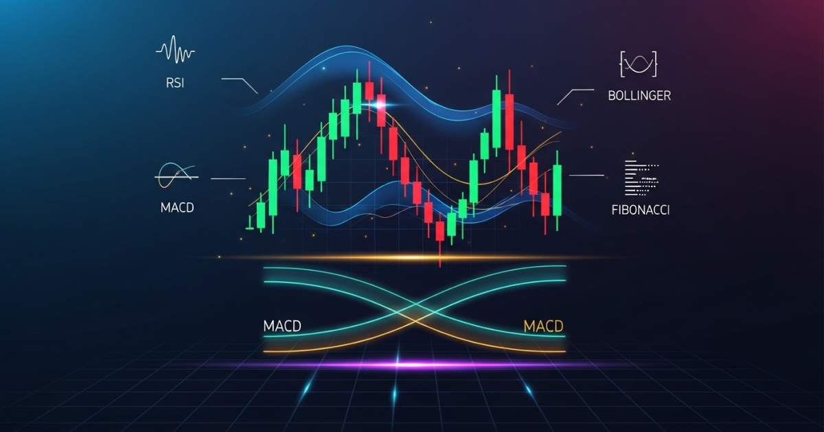 Crypto trading chart showing RSI, MACD, Bollinger Bands, and Fibonacci indicators for market analysis.