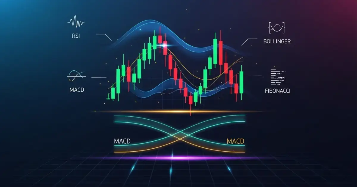Crypto trading chart showing RSI, MACD, Bollinger Bands, and Fibonacci indicators for market analysis.