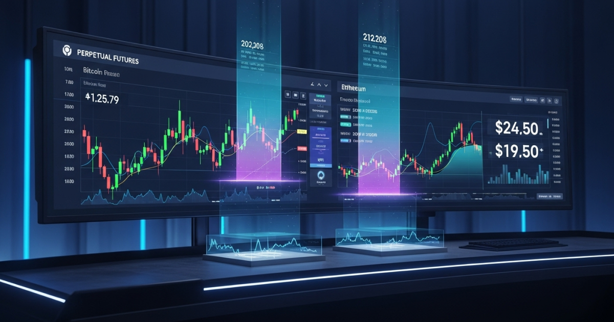 Perpetual Futures trading charts showing Bitcoin and Ethereum price movements on advanced crypto trading screens.