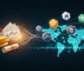 Illustration of real-world assets like real estate, gold, bonds, and stocks transforming into blockchain-based RWA tokens connected to a global digital network.