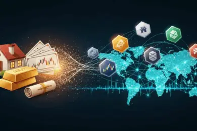 Illustration of real-world assets like real estate, gold, bonds, and stocks transforming into blockchain-based RWA tokens connected to a global digital network.