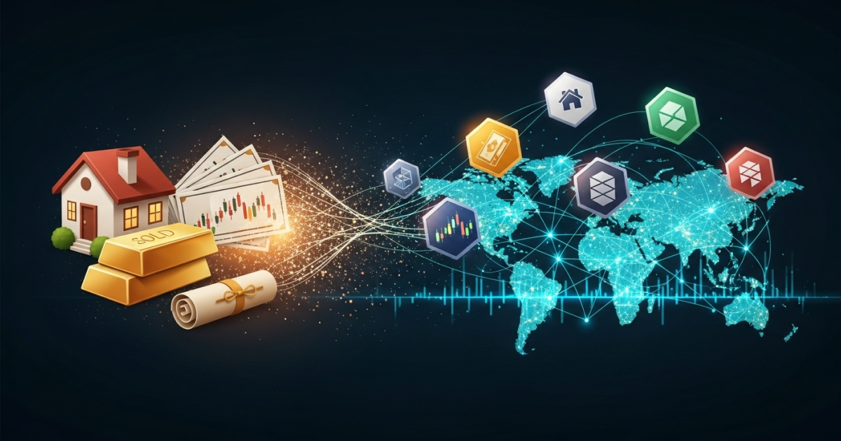 Illustration of real-world assets like real estate, gold, bonds, and stocks transforming into blockchain-based RWA tokens connected to a global digital network.
